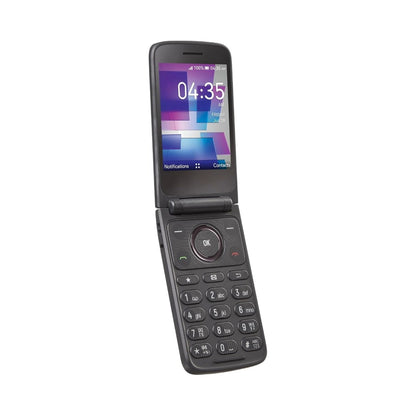 Flip phone with screen displaying time and icons on a white background